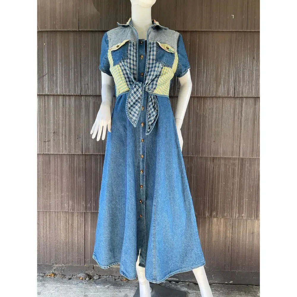 🔥VTG Nina Piccalino Denim Dress Fit & Flare Button Down Patchwork Boho Cottage - Picture 1 of 14